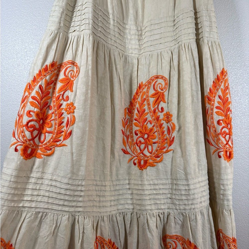 Anthropologie felicity embroidered maxi dress oatmeal and Orange S M - Picture 9 of 11